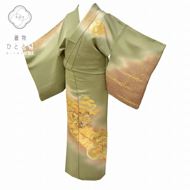 Vintage Japanese Kimono | Houmongi | Green Silk | Katarinsha Wheel Pattern | Gold Foil | Size M | Sustainable | ss0126b