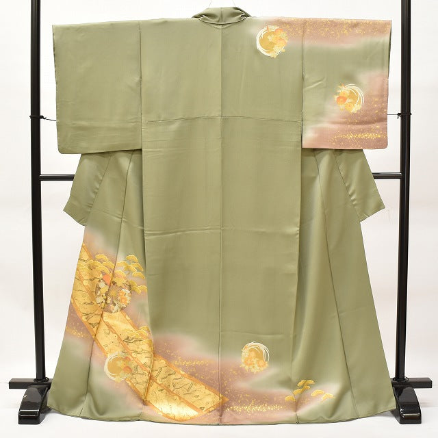 Vintage Japanese Kimono | Houmongi | Green Silk | Katarinsha Wheel Pattern | Gold Foil | Size M | Sustainable | ss0126b
