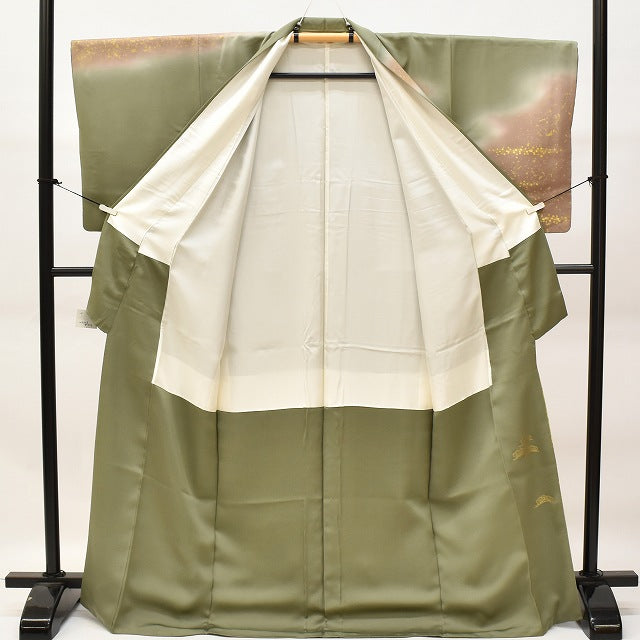 Vintage Japanese Kimono | Houmongi | Green Silk | Katarinsha Wheel Pattern | Gold Foil | Size M | Sustainable | ss0126b