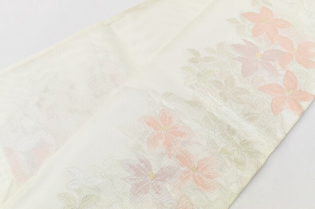 Vintage Japanese Obi | Summer Kyo-bukuro Obi | White Synthetic Ro | Floral | Six-width | Sustainable | ss0222b