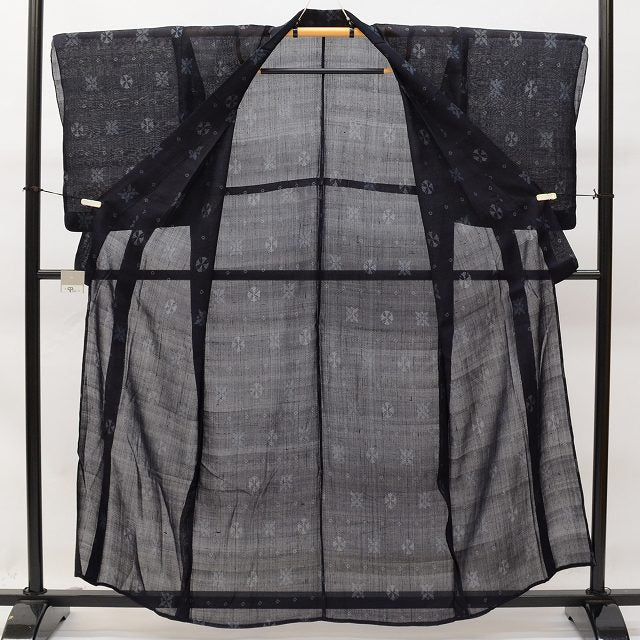 Vintage Japanese Kimono | Summer Tsumugi | Black Silk | Floral | Petite Size SS | Sustainable | ss0367b
