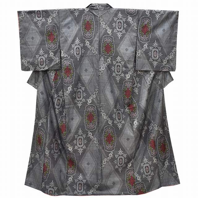 Vintage Japanese Kimono | Murayama Oshima Tsumugi | Gray Silk | Diamond Floral | Unused | Size M | Sustainable | ss0407b