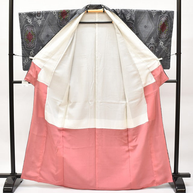 Vintage Japanese Kimono | Murayama Oshima Tsumugi | Gray Silk | Diamond Floral | Unused | Size M | Sustainable | ss0407b