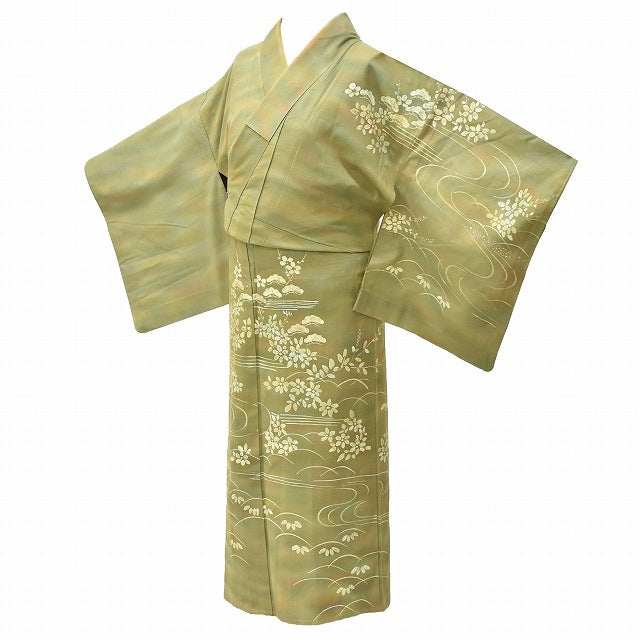 Vintage Japanese Kimono | Tsumugi | Green Silk | Botanical Bokashi | Unlined | Petite Size S | Sustainable | ss0447b