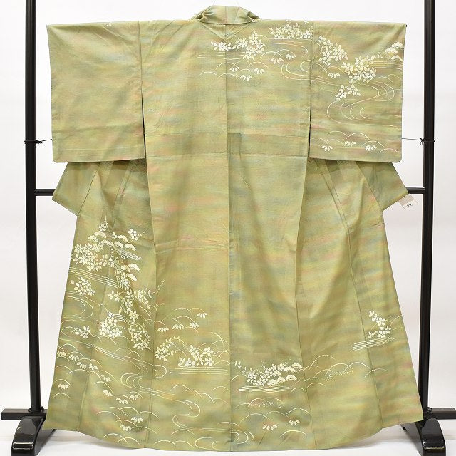 Vintage Japanese Kimono | Tsumugi | Green Silk | Botanical Bokashi | Unlined | Petite Size S | Sustainable | ss0447b