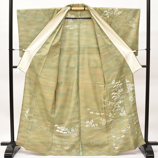 Vintage Japanese Kimono | Tsumugi | Green Silk | Botanical Bokashi | Unlined | Petite Size S | Sustainable | ss0447b