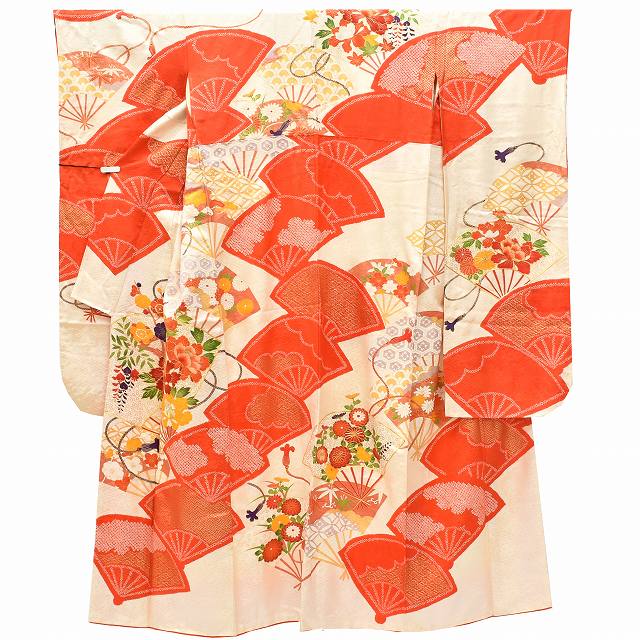Vintage Japanese Kimono | Furisode & Nagajuban Set | White Silk | Fan Floral | Gold Embroidery | Retro | Size L | Sustainable | ss0520b