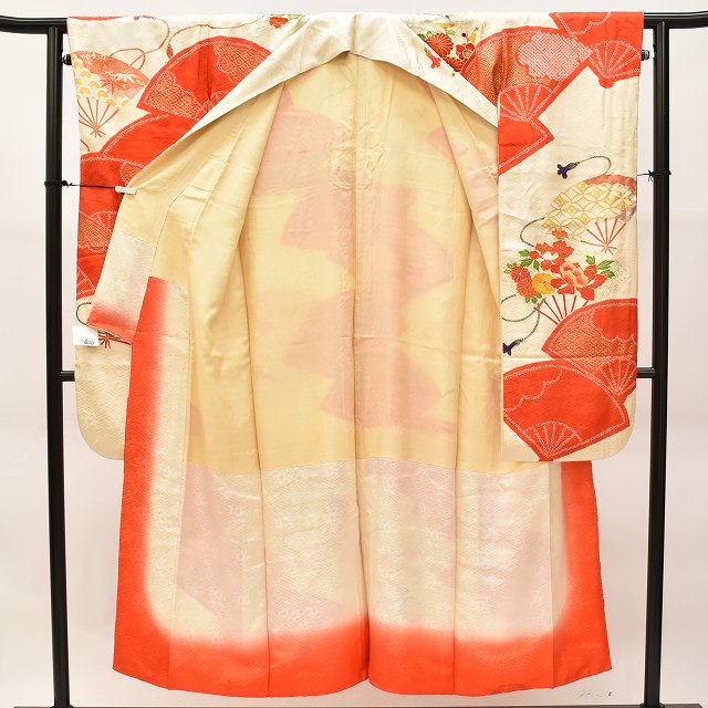 Vintage Japanese Kimono | Furisode & Nagajuban Set | White Silk | Fan Floral | Gold Embroidery | Retro | Size L | Sustainable | ss0520b