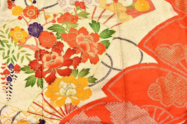 Vintage Japanese Kimono | Furisode & Nagajuban Set | White Silk | Fan Floral | Gold Embroidery | Retro | Size L | Sustainable | ss0520b