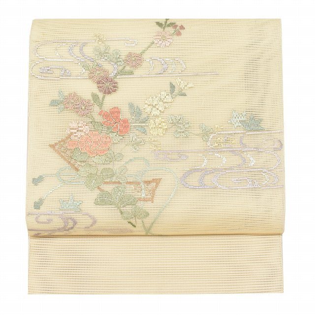 Vintage Japanese Obi | Summer Nagoya Obi | Beige Silk Ro-tsuzure | E-gasumi Floral | Eight-sun | Embroidery | Sustainable | ss0543b
