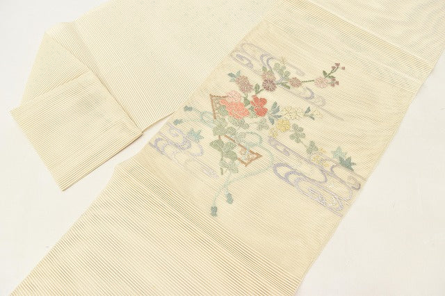 Vintage Japanese Obi | Summer Nagoya Obi | Beige Silk Ro-tsuzure | E-gasumi Floral | Eight-sun | Embroidery | Sustainable | ss0543b