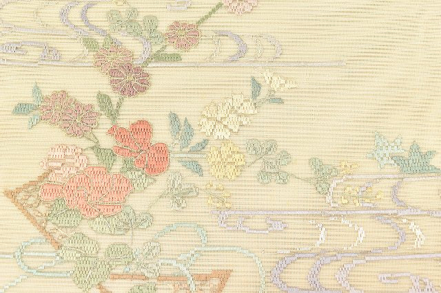 Vintage Japanese Obi | Summer Nagoya Obi | Beige Silk Ro-tsuzure | E-gasumi Floral | Eight-sun | Embroidery | Sustainable | ss0543b