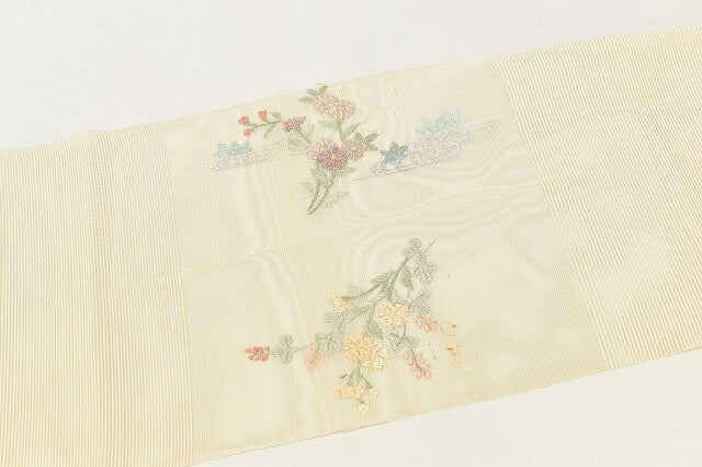 Vintage Japanese Obi | Summer Nagoya Obi | Beige Silk Ro-tsuzure | E-gasumi Floral | Eight-sun | Embroidery | Sustainable | ss0543b