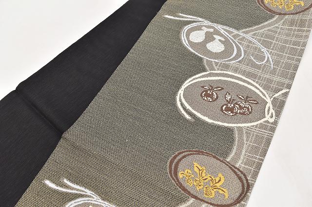 Vintage Japanese Obi | Summer Sha-re Fukuro Obi | Brown Black Silk | Vegetable Pattern | Nishijin | Certified | Sustainable | ss0550b