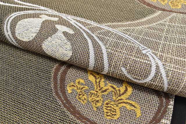 Vintage Japanese Obi | Summer Sha-re Fukuro Obi | Brown Black Silk | Vegetable Pattern | Nishijin | Certified | Sustainable | ss0550b