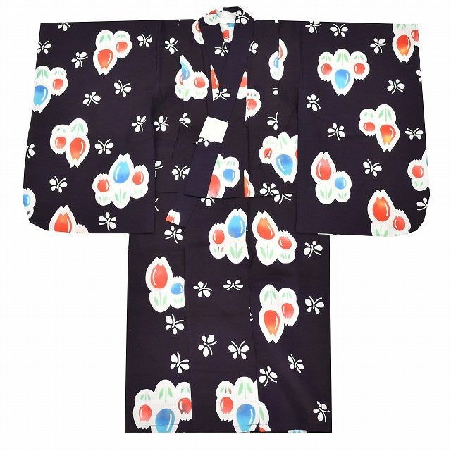 Vintage Japanese Yukata | Girl's Yukata | Navy Cotton | Tulip Butterfly Pattern | Unused | Children's Size | Sustainable | ss0554b