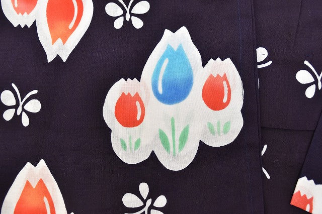Vintage Japanese Yukata | Girl's Yukata | Navy Cotton | Tulip Butterfly Pattern | Unused | Children's Size | Sustainable | ss0554b