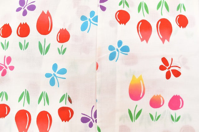 Vintage Japanese Yukata | Girl's Yukata | White Cotton | Tulip Pattern | Unused | Children's Size | Sustainable | ss0557b