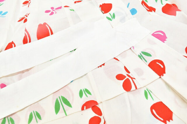Vintage Japanese Yukata | Girl's Yukata | White Cotton | Tulip Pattern | Unused | Children's Size | Sustainable | ss0557b