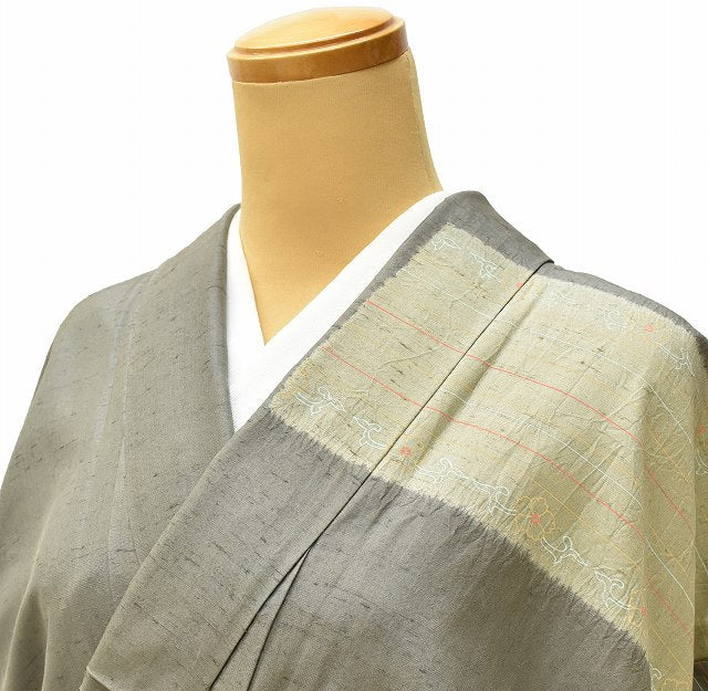 Vintage Japanese Kimono | Hakusan Tsumugi | Gray Silk | Checkerboard Stripe | Unlined | Size L | Sustainable | ss0571b