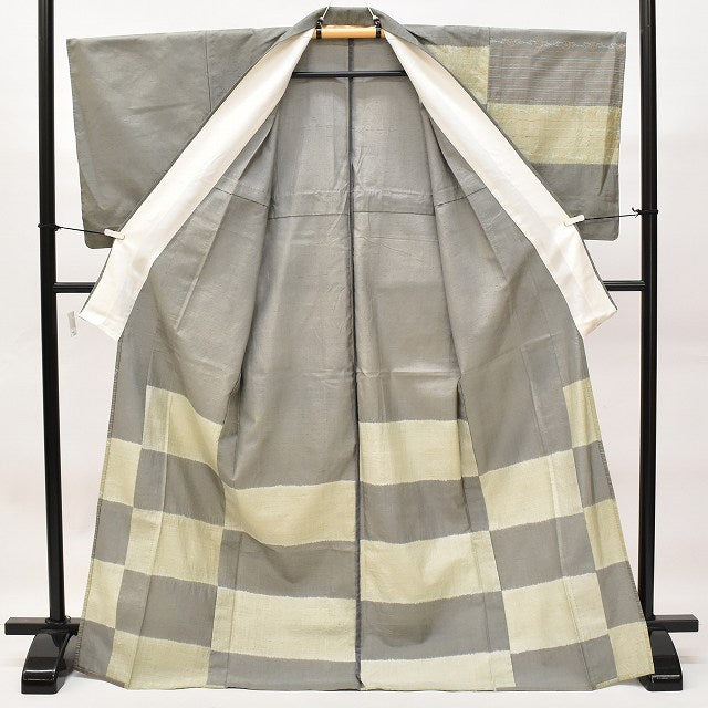 Vintage Japanese Kimono | Hakusan Tsumugi | Gray Silk | Checkerboard Stripe | Unlined | Size L | Sustainable | ss0571b