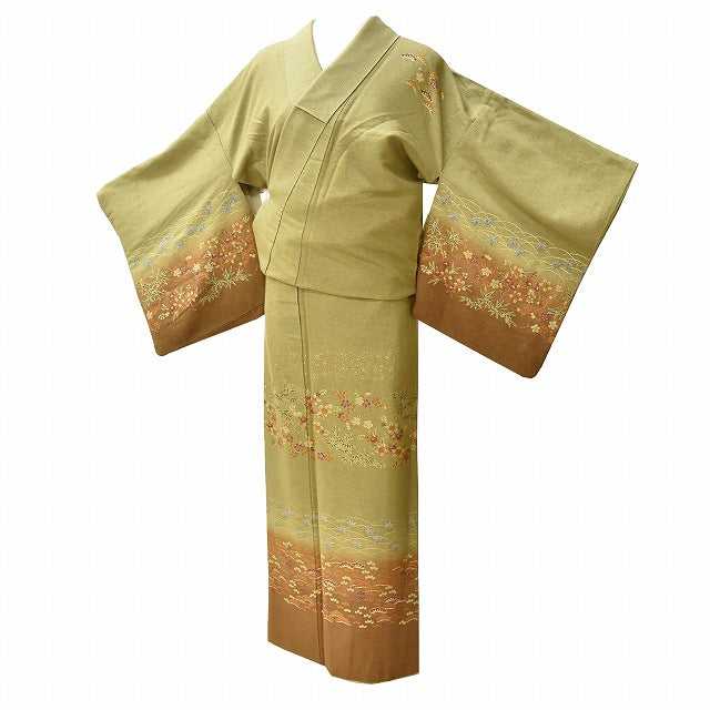 Vintage Japanese Kimono | Tsumugi | Green Silk | Botanical Pattern | One Crest | Houmongi Style | Size L | Sustainable | ss0578b