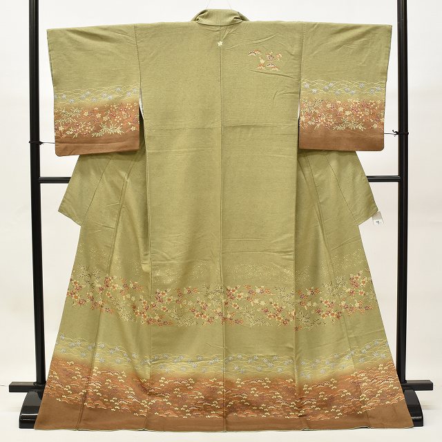 Vintage Japanese Kimono | Tsumugi | Green Silk | Botanical Pattern | One Crest | Houmongi Style | Size L | Sustainable | ss0578b