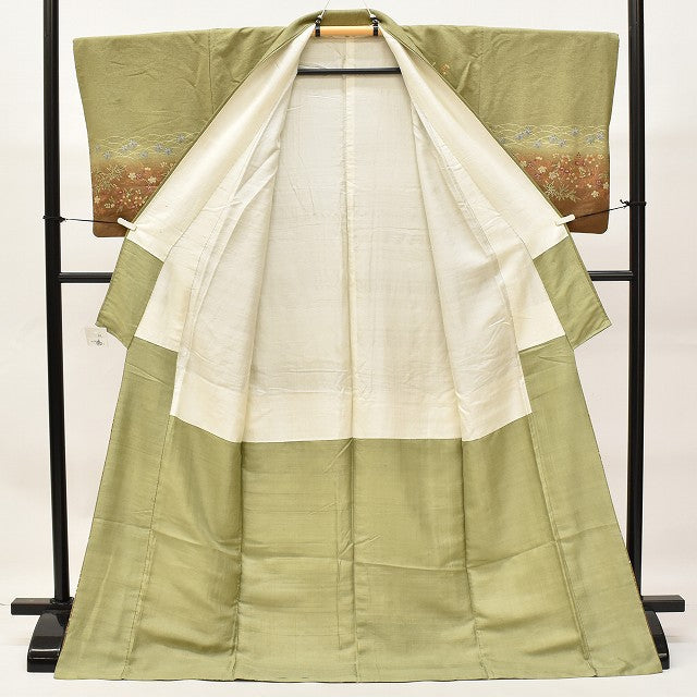 Vintage Japanese Kimono | Tsumugi | Green Silk | Botanical Pattern | One Crest | Houmongi Style | Size L | Sustainable | ss0578b