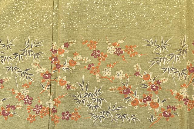 Vintage Japanese Kimono | Tsumugi | Green Silk | Botanical Pattern | One Crest | Houmongi Style | Size L | Sustainable | ss0578b