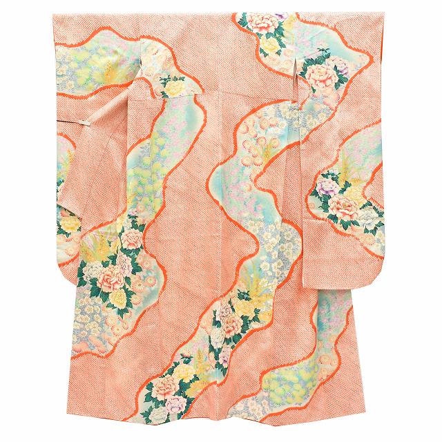 Vintage Japanese Kimono | Furisode & Nagajuban Set | Orange Silk | Four-season Floral | Shibori Gold Embroidery | Sustainable | ss0662b