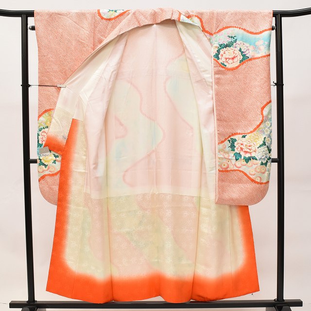 Vintage Japanese Kimono | Furisode & Nagajuban Set | Orange Silk | Four-season Floral | Shibori Gold Embroidery | Sustainable | ss0662b