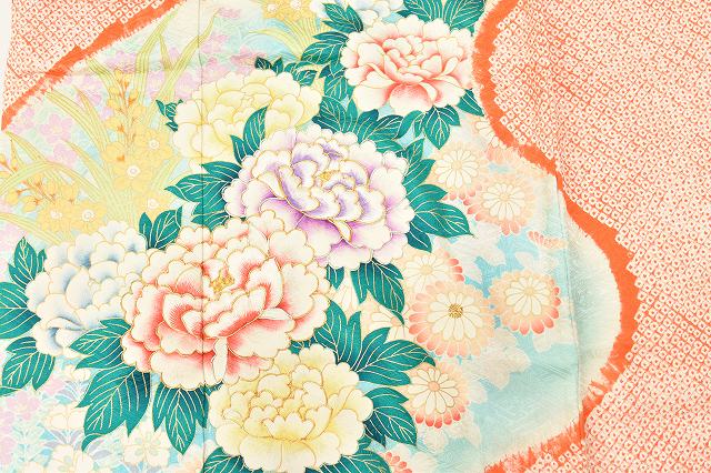 Vintage Japanese Kimono | Furisode & Nagajuban Set | Orange Silk | Four-season Floral | Shibori Gold Embroidery | Sustainable | ss0662b