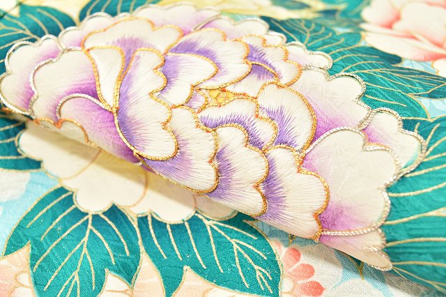 Vintage Japanese Kimono | Furisode & Nagajuban Set | Orange Silk | Four-season Floral | Shibori Gold Embroidery | Sustainable | ss0662b
