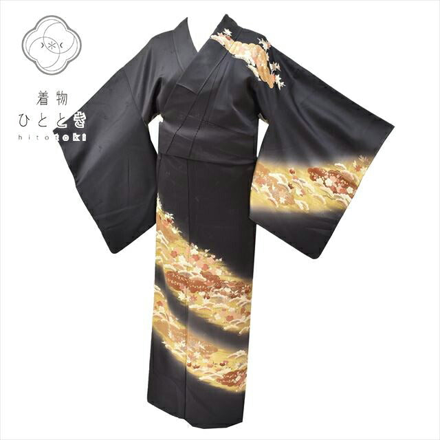 Vintage Japanese Kimono | Houmongi | Black Silk | Pine Plum Botanical | One Crest | Gold Embroidery | Size L | Sustainable | ss0671b