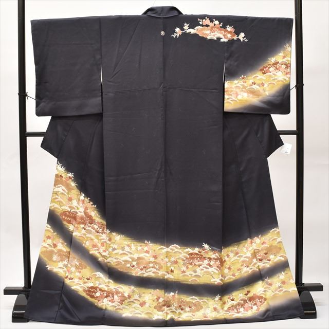 Vintage Japanese Kimono | Houmongi | Black Silk | Pine Plum Botanical | One Crest | Gold Embroidery | Size L | Sustainable | ss0671b