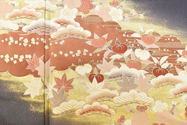 Vintage Japanese Kimono | Houmongi | Black Silk | Pine Plum Botanical | One Crest | Gold Embroidery | Size L | Sustainable | ss0671b