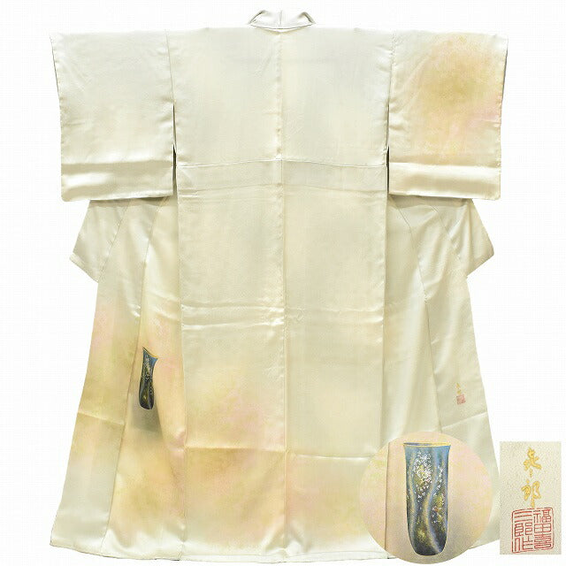 Vintage Japanese Kimono | Tsukesage | Gray Silk | Vessel Pattern | Fukuda Kishiro Living National Treasure | Size M | Sustainable | ss0672b