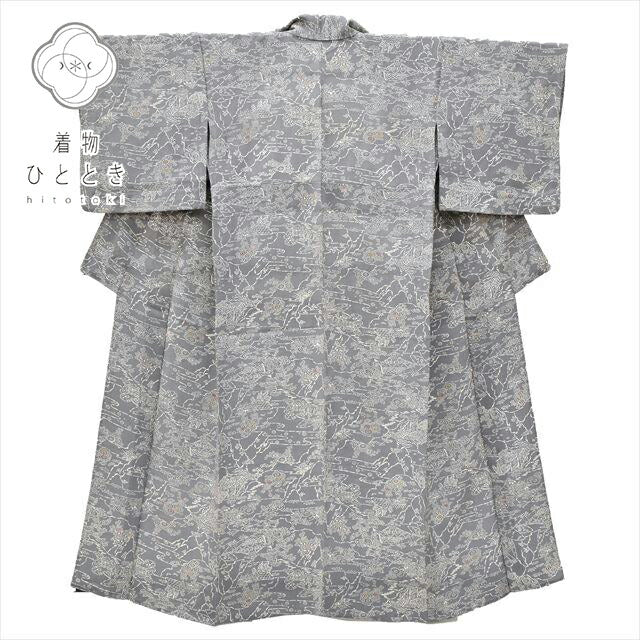 Vintage Japanese Kimono | Komon | Gray Silk Crepe | Landscape Pattern | Unlined | Petite Size S | Sustainable | ss0716b
