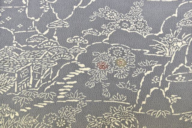 Vintage Japanese Kimono | Komon | Gray Silk Crepe | Landscape Pattern | Unlined | Petite Size S | Sustainable | ss0716b