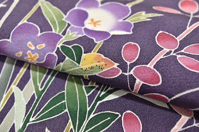 Vintage Japanese Kimono | Houmongi | Purple Silk | Floral | Kaga Yuzen | Artist Signed | Unused | Size L | Sustainable | ss0748b