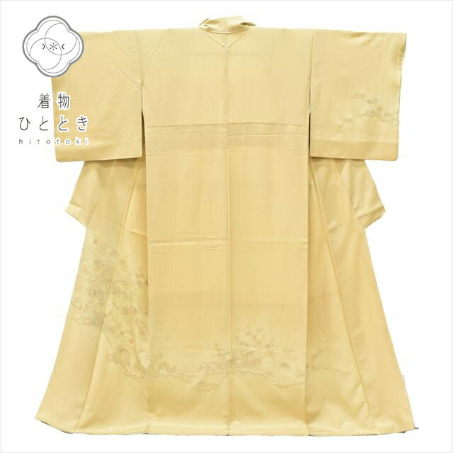 Vintage Japanese Kimono | Houmongi | Beige Silk | Heian Landscape | One Crest | Suzhou Embroidery | Size L | Sustainable | ss0756b