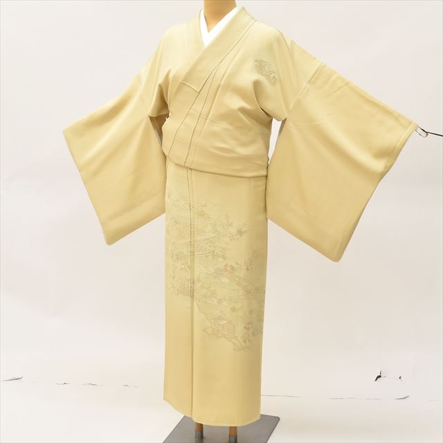 Vintage Japanese Kimono | Houmongi | Beige Silk | Heian Landscape | One Crest | Suzhou Embroidery | Size L | Sustainable | ss0756b