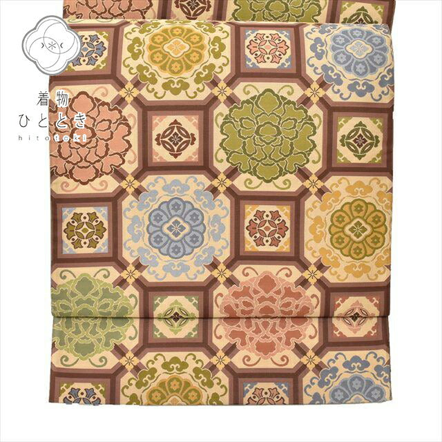 Vintage Japanese Obi | Sha-re Fukuro Obi | Beige Silk | Shokko Floral Pattern | Excellent | Sustainable | ss0772b