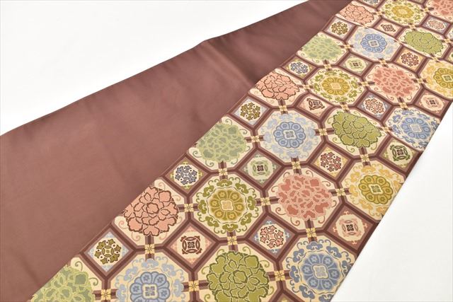 Vintage Japanese Obi | Sha-re Fukuro Obi | Beige Silk | Shokko Floral Pattern | Excellent | Sustainable | ss0772b