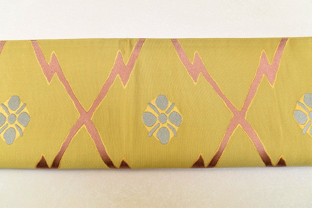 Vintage Japanese Obi | Fukuro Obi | Green Silk | Matsukawa-bishi Diamond Pattern | Kara-ori | Gold Thread | Formal | Sustainable | ss0794b