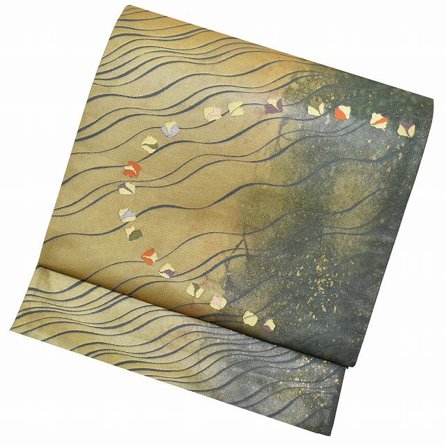 Vintage Japanese Obi | Fukuro Obi | Gold Green Silk | Yokke Stripe | Nawa-mon Nishiki | Nagano Kogei | Sustainable | ss0796b
