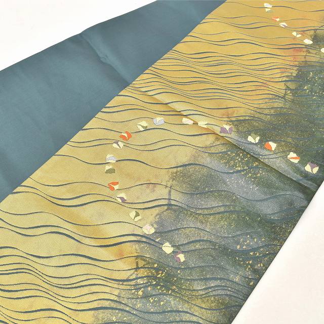 Vintage Japanese Obi | Fukuro Obi | Gold Green Silk | Yokke Stripe | Nawa-mon Nishiki | Nagano Kogei | Sustainable | ss0796b