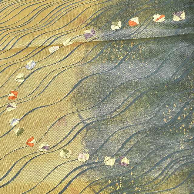 Vintage Japanese Obi | Fukuro Obi | Gold Green Silk | Yokke Stripe | Nawa-mon Nishiki | Nagano Kogei | Sustainable | ss0796b