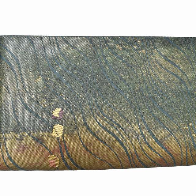 Vintage Japanese Obi | Fukuro Obi | Gold Green Silk | Yokke Stripe | Nawa-mon Nishiki | Nagano Kogei | Sustainable | ss0796b