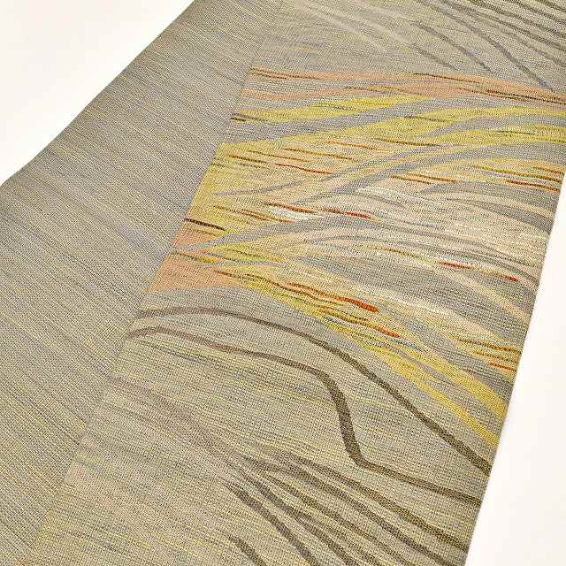 Vintage Japanese Obi | Sha-re Fukuro Obi | Gray Silk | Mountain Pattern | Hand-woven Kushi-ori | Unused | Sustainable | ss0820a27